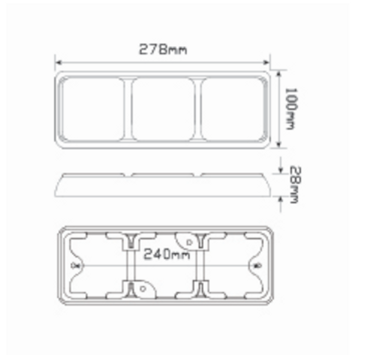 Line Drawing - 80BARWM - Stop, Tail, Indicator, Reverse Light Triple Light Bar Multi-Volt 12v & 24v. Caravan Friendly. Black Housing Red, Amber & Clear Lens & Red, Amber & White LED. LED Auto Lamps. Ultimate LED. 