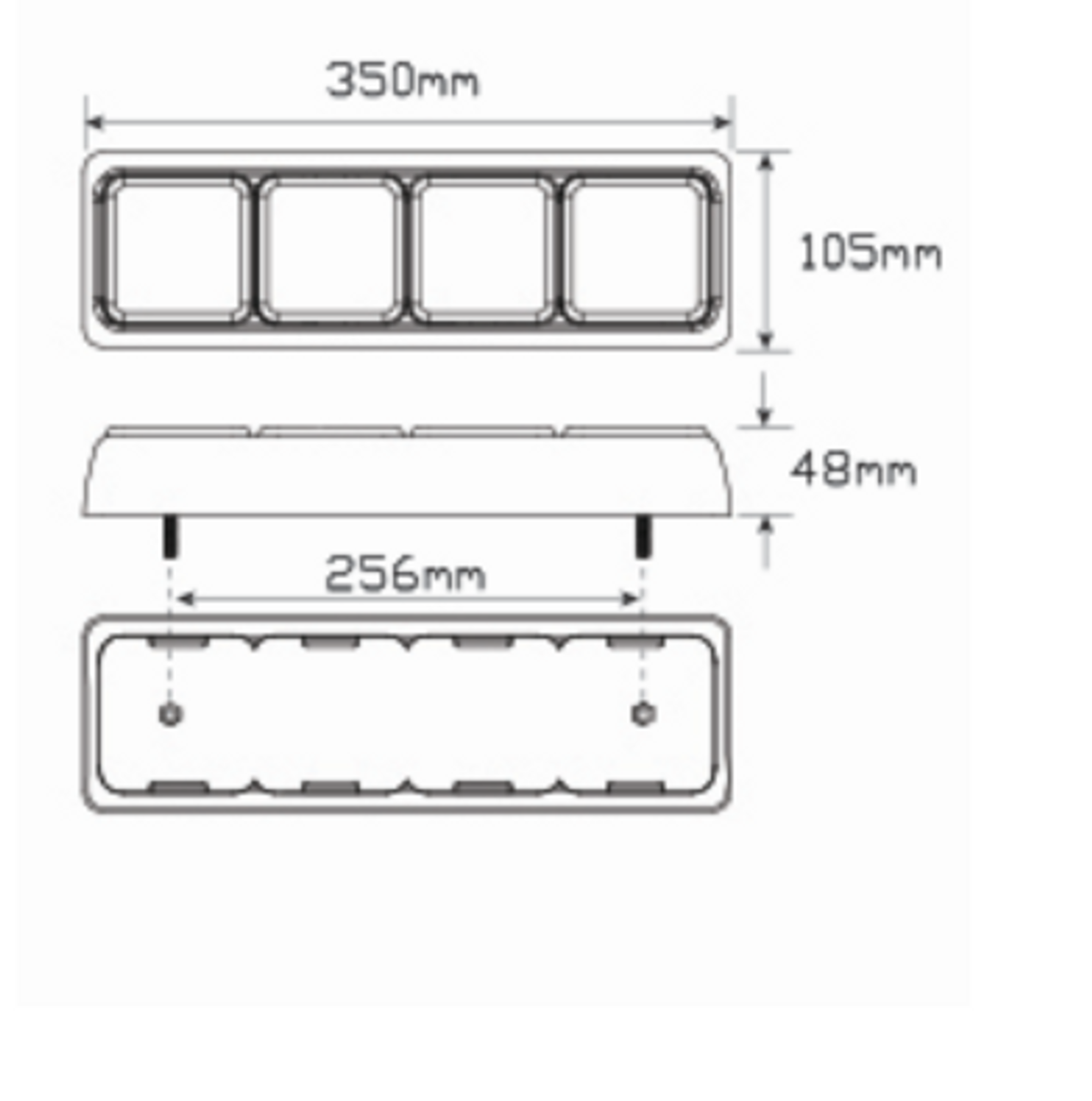 Line Drawing - 80BARRWM - Stop, Tail, Indicator, Reverse Light Quad Bar Light Multi-Volt 12v & 24v. Caravan Friendly. Black Housing Red, Amber & Clear Lens, Red, Amber & White LED. LED Auto Lamps. Ultimate LED. 