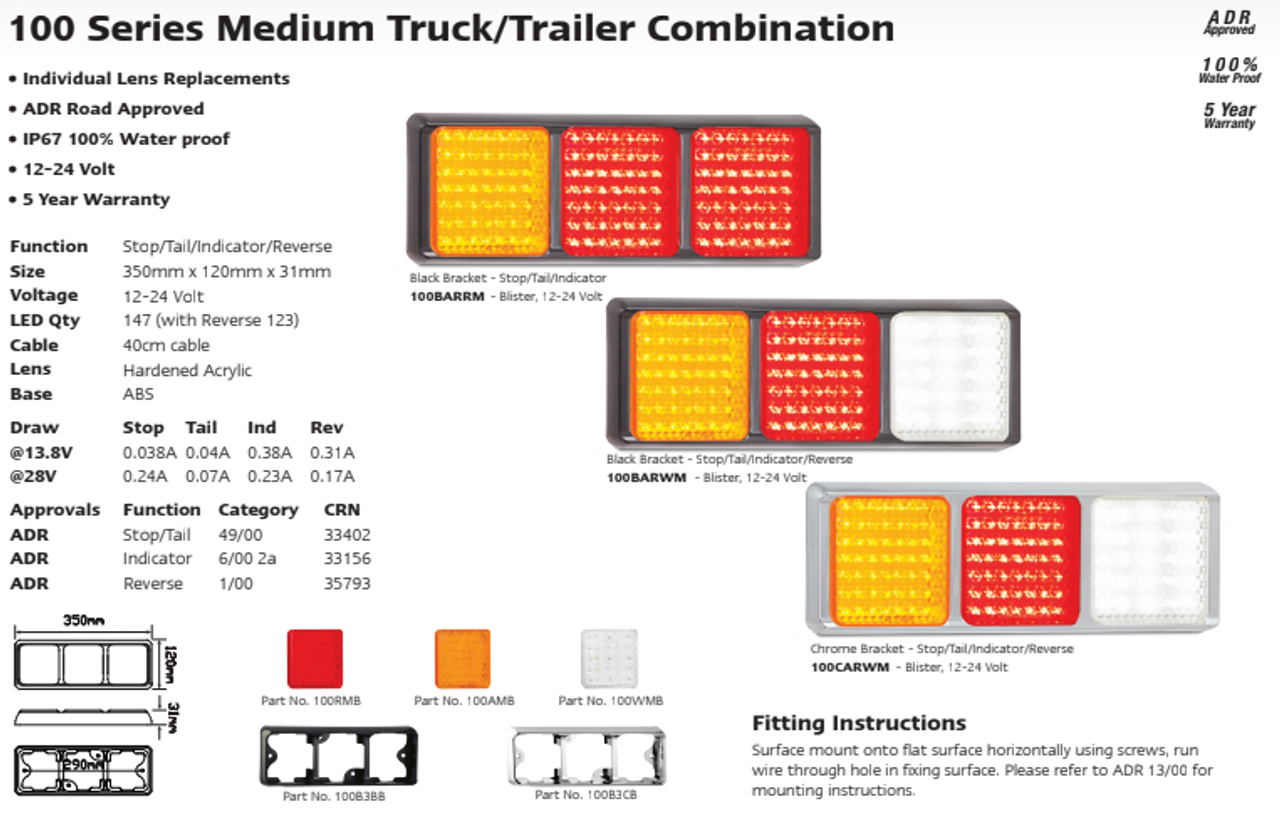 Data Sheet - 100BARRM - Stop, Tail, Indicator Triple Light Multi-Volt 12v & 24 Volt. Caravan Friendly. Blister Single Pack, Red and Amber Lens & Red and Amber LEDs. LED Auto Lamps.  Ultimate LED. 