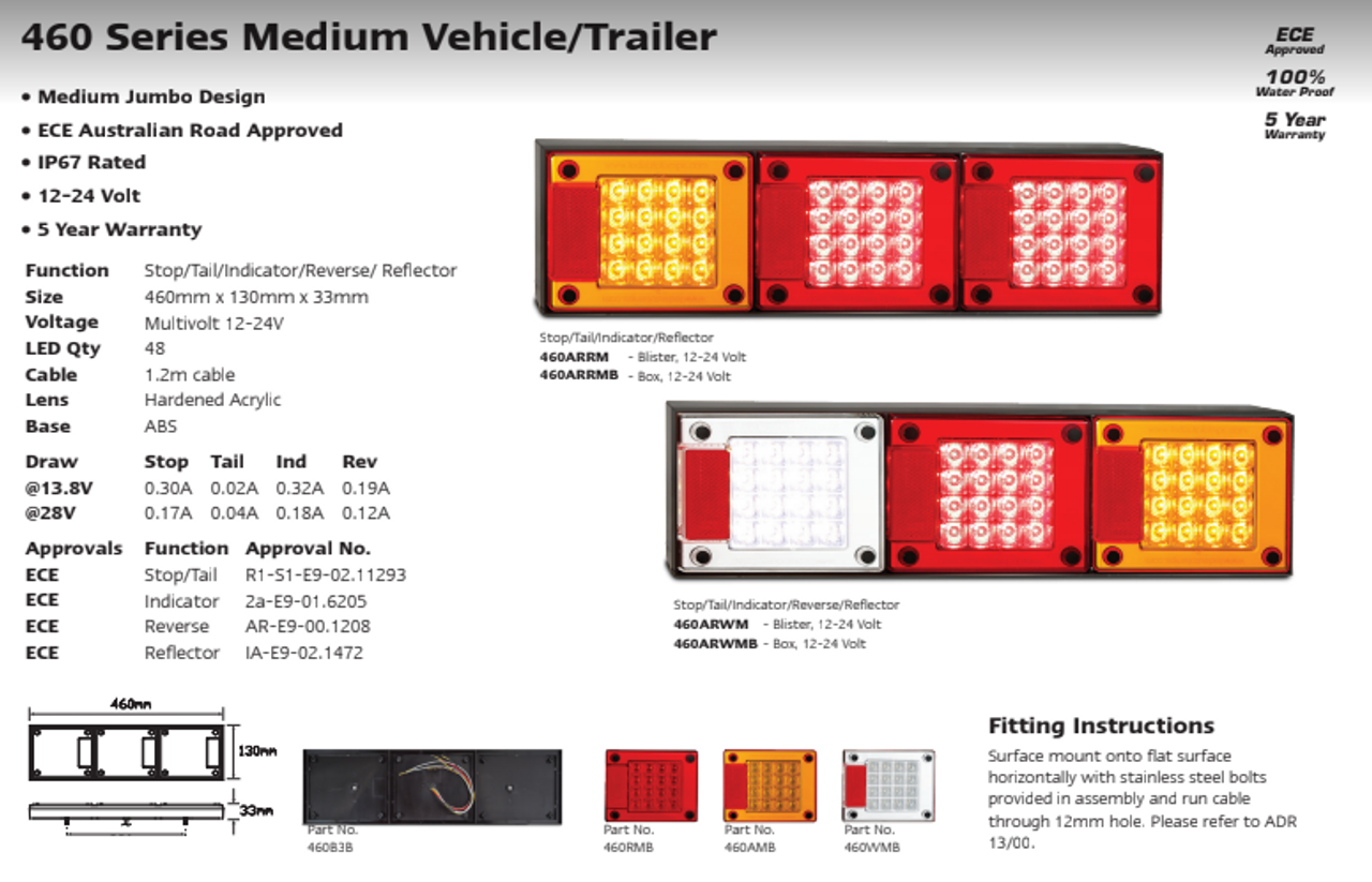 Data Sheet - 460ARRM - Mini Jumbo Rear Combination LED Tail Assembly Stop, Tail, Indicator LED Combination Light with Reflectors Multi-Volt 12 & 24 Volt Blister Single Pack. Caravan Friendly. LED Auto Lamps. Ultimate LED.