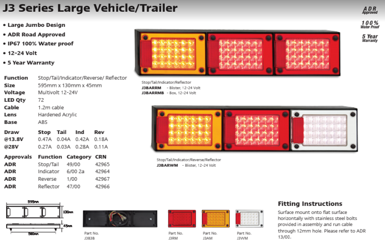 Data Sheet - J3BARRM - Jumbo LED Combination Stop, Tail, Indicator Light with Reflectors Multi-Volt 12v & 24 Volt DC Blister Single Pack. Caravan Friendly. LED Auto Lamps. Ultimate LED.