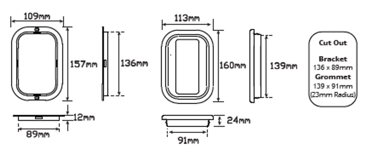 Line Drawing - 130RMG - Stop Tail with Reflector Plus Rubber Grommet & Plug included. Multi-Volt 12v & 24v. Red Lens & Red LED. Single Pack. Single Pack. LED Auto Lamps. Ultimate LED. 