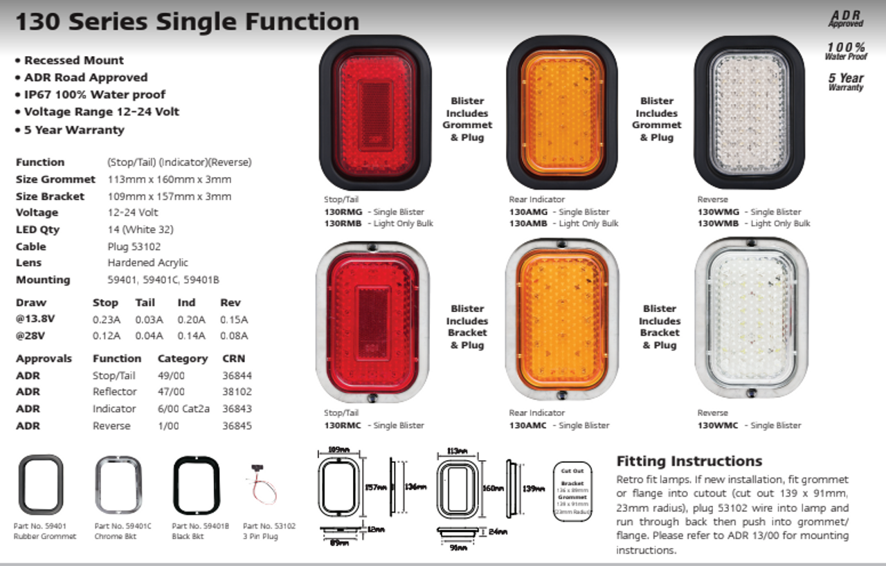 Data Sheet - 130WMG - Reverse Light Single Function Lamp with Rubber Grommet & Plug Included. Multi-Volt 12v & 24v. Clear Lens & White LED. Single Pack. LED Auto Lamps.  Ultimate LED. 