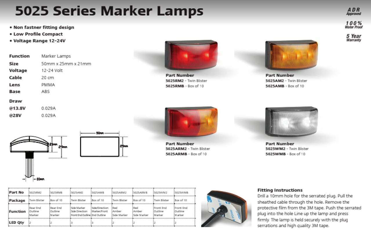 Data Sheet - 5025RM2 - Rear End Outline Marker Light, 3M Mounting Tape, Multi-Volt 12v & 24v Twin Pack Black Housing Red Lens & Red LED. LED Auto Lamps. Ultimate LED. 