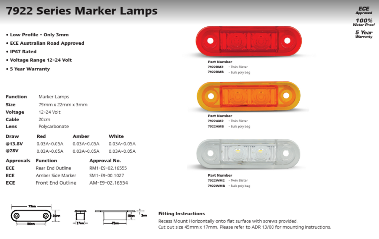 Data Sheet - 7922AM2 - Amber Side Marker LED Clearance Light Multi-Volt 12v & 24 Volt Twin Pack Amber Lens & Amber LED Flush Mount. LED Auto Lamps. Ultimate LED. 