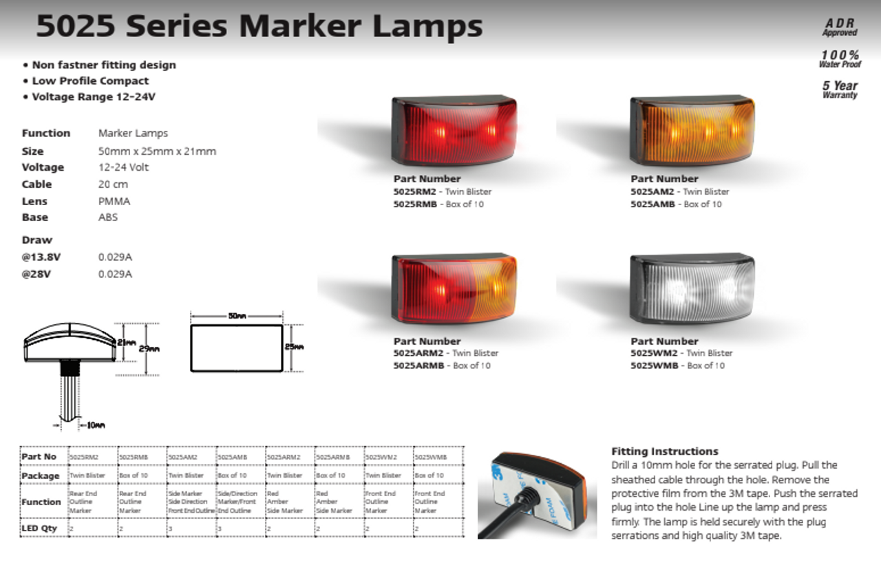 Data Sheet - 5025WM2 - Front End Outline Marker Light, 3M Mounting Tape, Multi-Volt 12v & 24v Twin Pack Black Housing Clear Lens & White LED. LED Auto Lamps. Ultimate LED.  