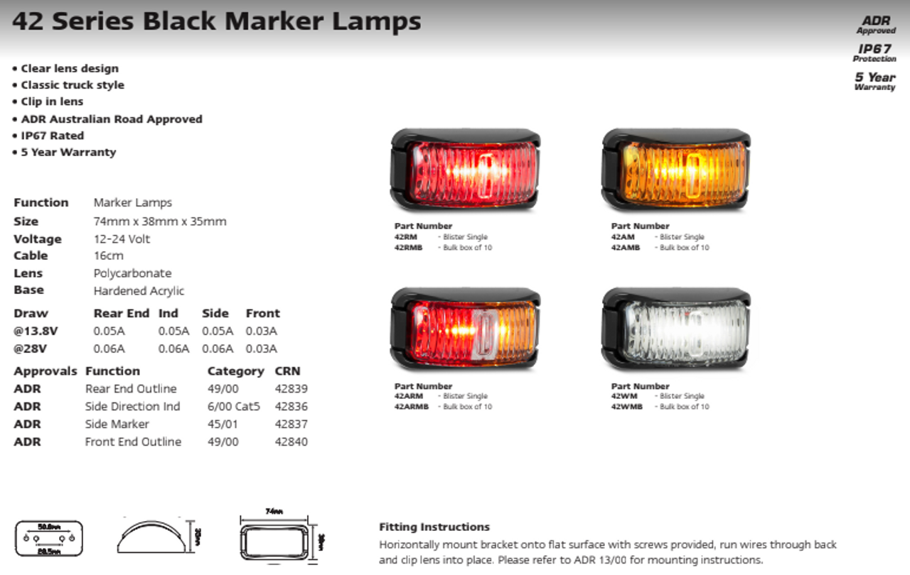 Data Sheet - 42ARM - Side Marker Light Multi-Volt 12v & 24v Black Bracket Clear Lens Single Pack. AL. Ultimate LED. 