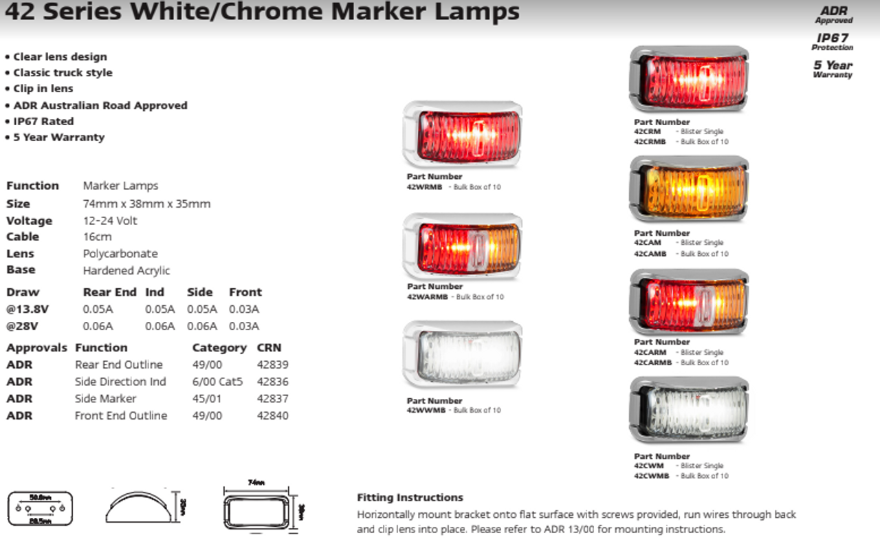 Data Sheet -  42CARMB - Side Marker Light Multi-Volt 12v & 24v. Caravan Friendly. Single Pack Chrome Bracket Clear Lens & Amber Red LED. LED Auto Lamps. Ultimate LED.