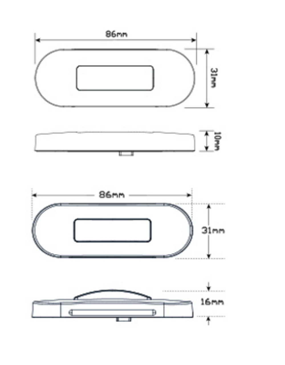 Line Drawing - 86WM - Front End Outline Clear Lens & White LED Marker Light Multi-Volt 12v & 24v Blister Single Pack Chrome Surrounding. Autolamp. Ultimate LED. 