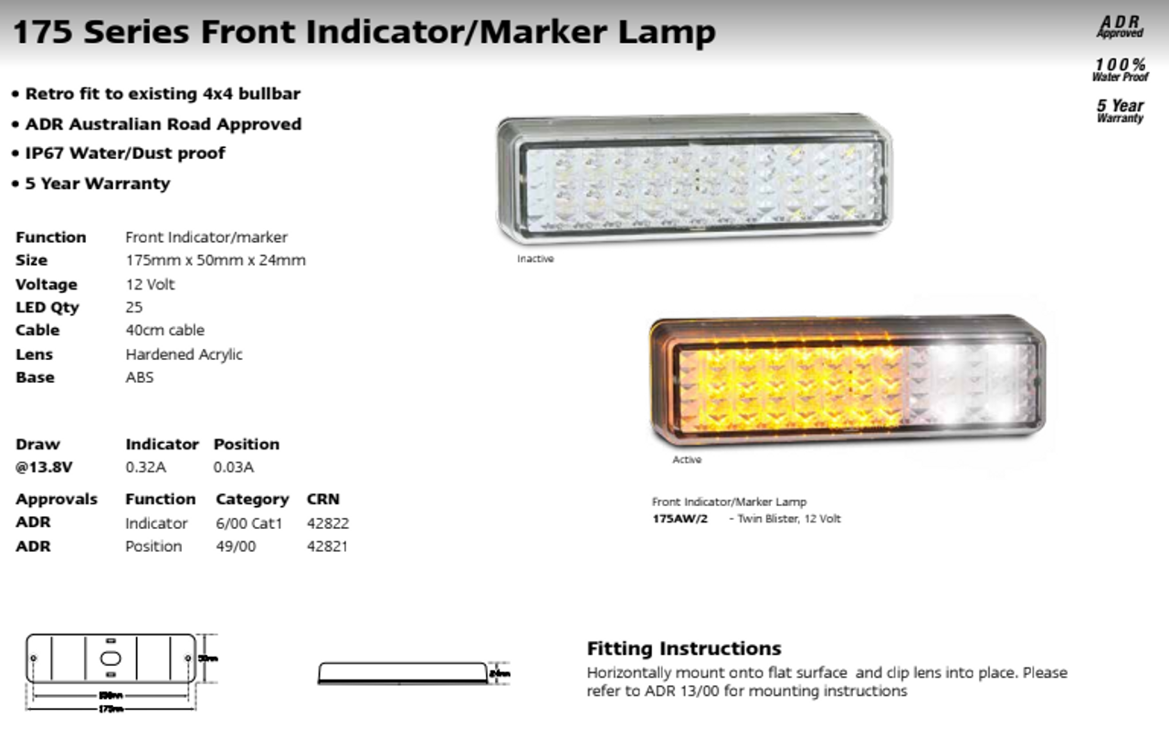 Data Sheet - 175AW/2 - Front Indicator Marker Lamp 12v, Clear Lens & Amber LED Twin Pack. LED Auto Lamps. Ultimate LED.