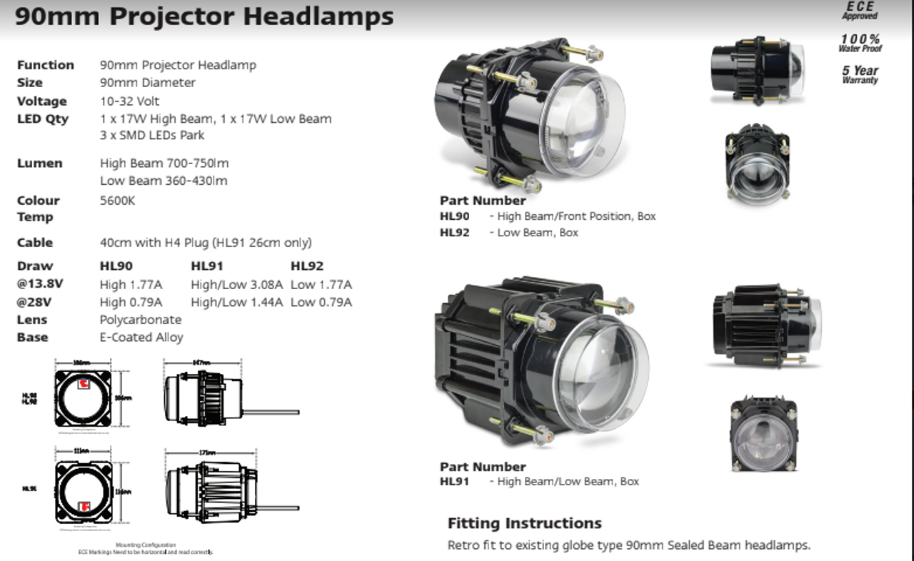 Data Sheet - HL92 - 90mm Projector Headlamp Low Beam. Multi-Volt 10v & 32v Single Pack. LED Auto Lamps. Ultimate LED. 