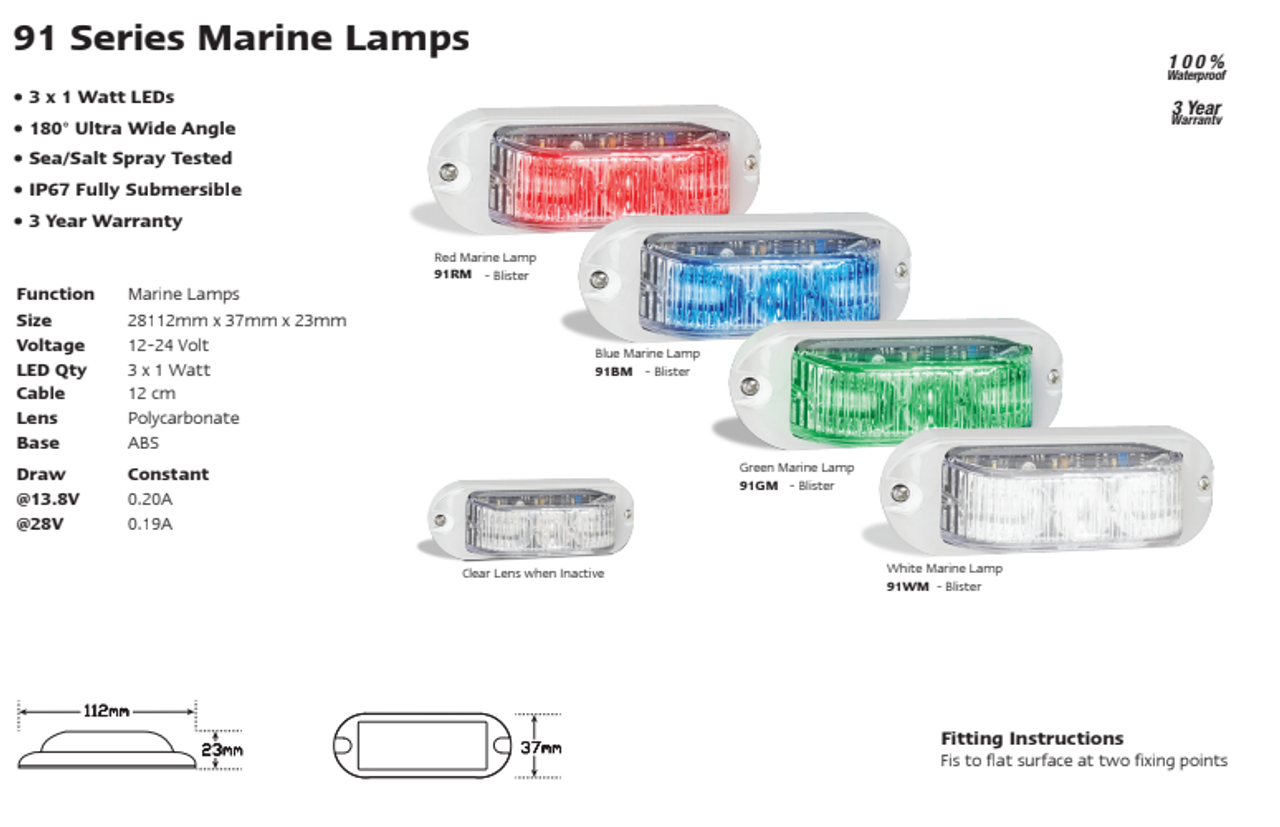 Data Sheet - 91RM - Coloured Marine Lamp Submersible High Powered Lamp Multi-Volt Single Pack. AL. Ultimate LED.