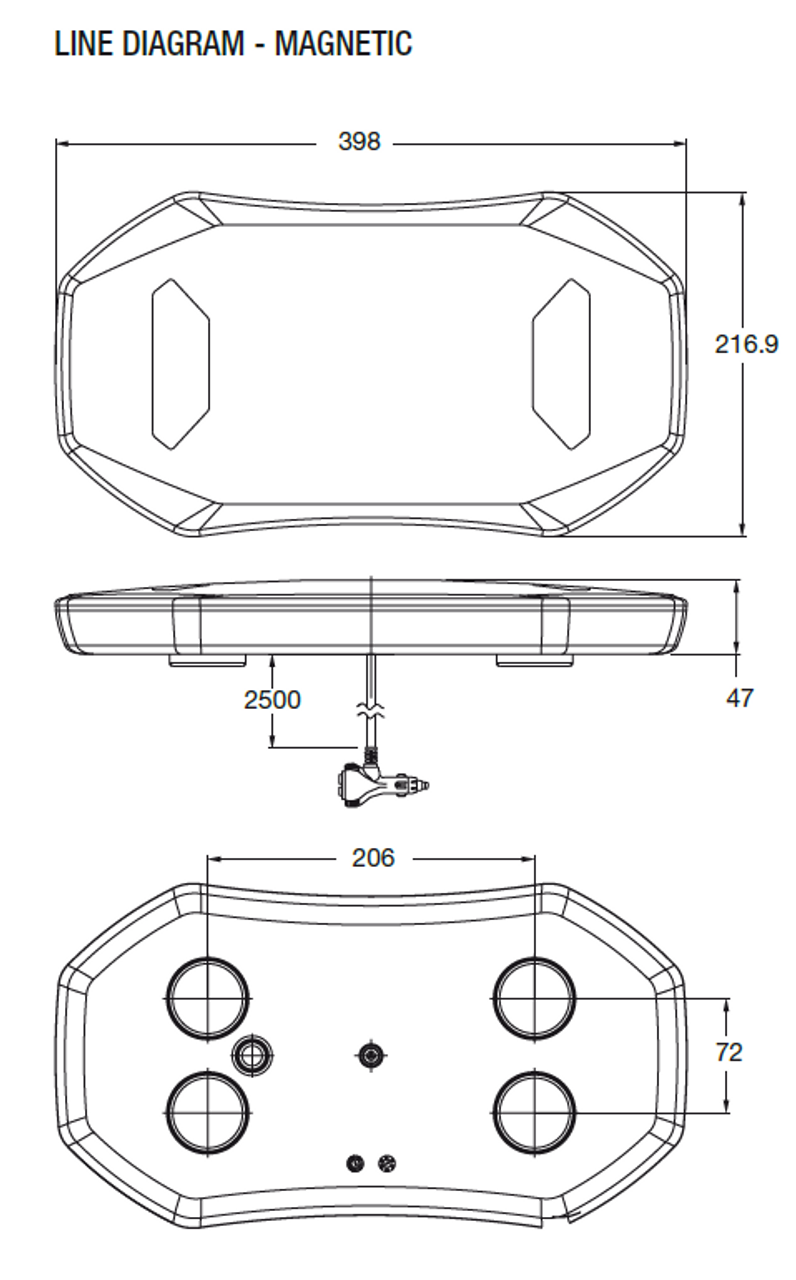 Line Drawing - RLB400MY - Low Profile Mini Bar LED Multi-volt 10 Flash Patterns Single Pack. RV Ultimate LED.  