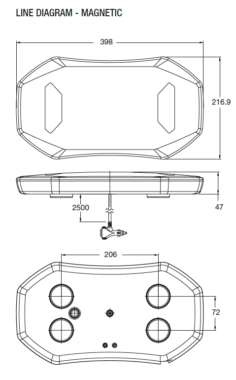 Line Drawing - RLB402MY - Low Profile Mini Bar LED Multi-volt 10 Flash Patterns Single Pack. RV Ultimate LED.