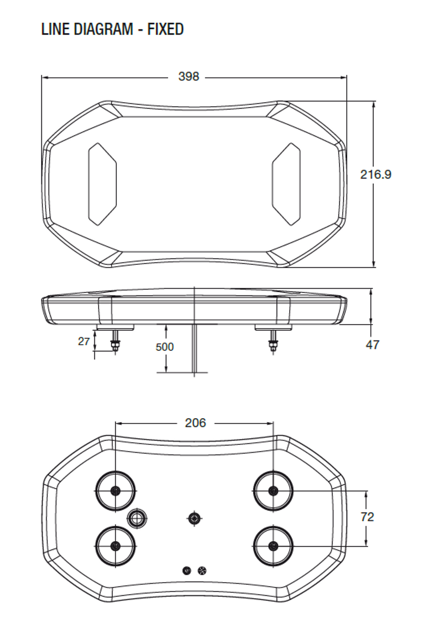 Line Drawing - RLB400Y - Low Profile Mini Bar LED Multi-volt 10 Flash Patterns Single Pack. RV Ultimate LED.  