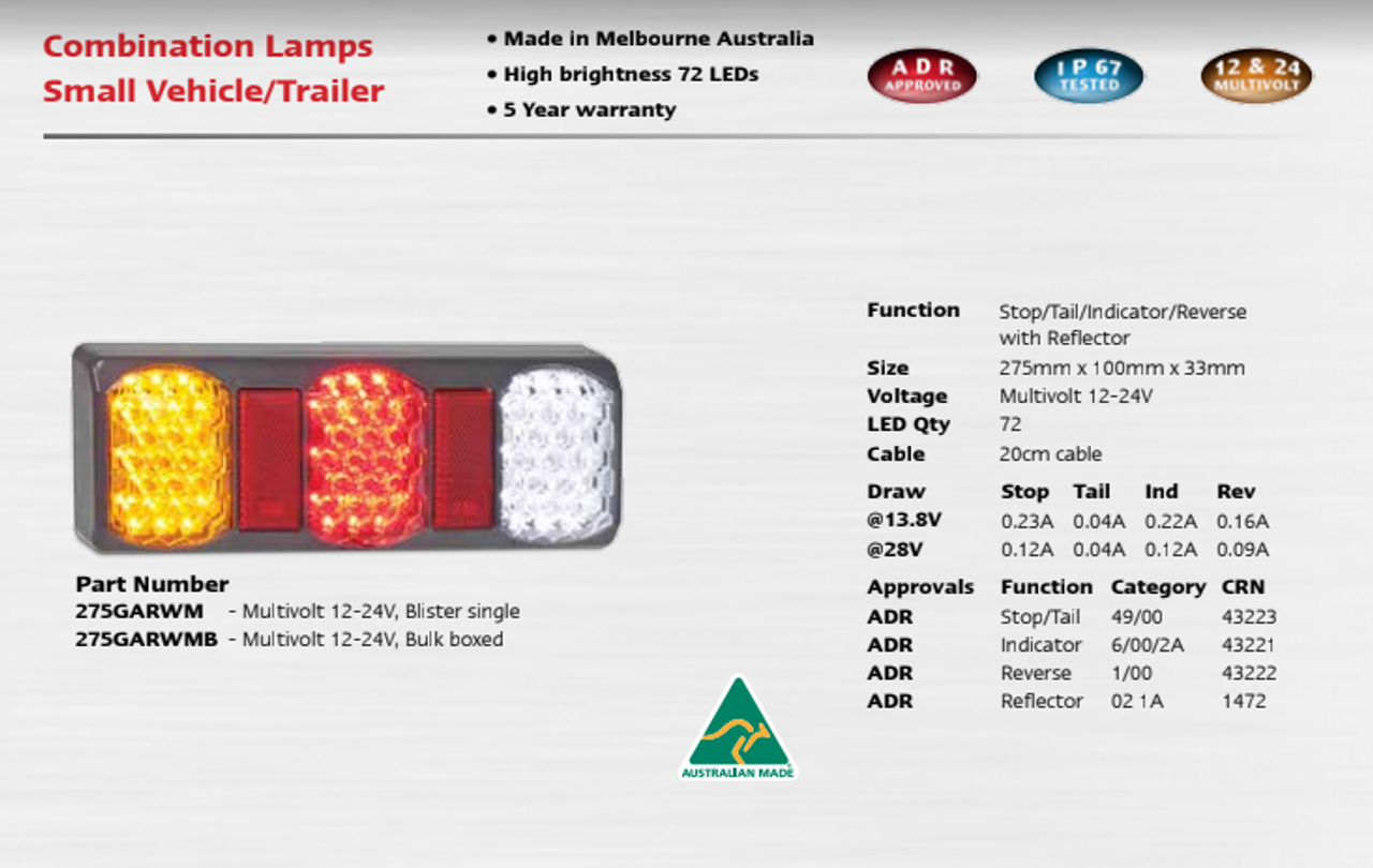 Data Sheet - 275GARWM - Stop, Tail, Indicator, Reverse Light with Reflector. Multi-Volt 12 & 24 Volt DC Blister Single Pack. LED Auto Lamps. Ultimate LED. 