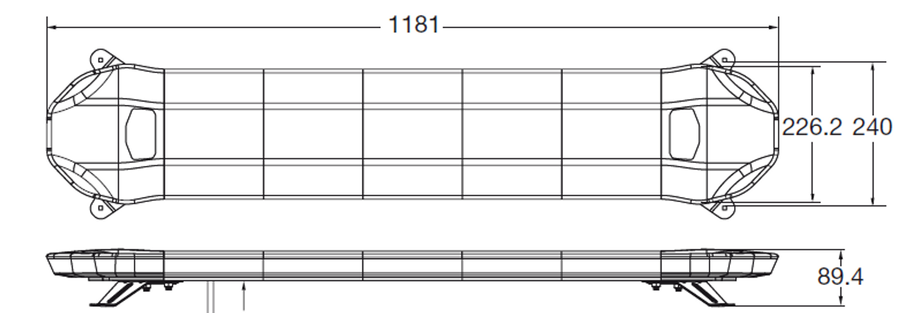 Line Drawing - Amber Low Profile LED Light Bar. 47 Inch, 89 Watt. Class 1. Dimensions - 1181 x 227 x 90mm. Ultimate LED