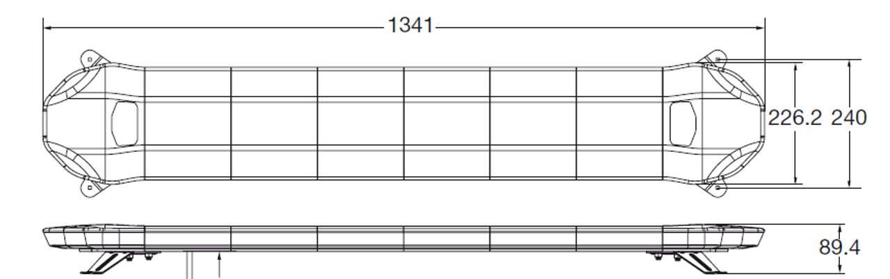 Line Drawing - Amber Low Profile LED Light Bar. 53 Inch, 100 Watt. Class 1. Dimensions - 1341 x 227 x 90mm. Ultimate LED