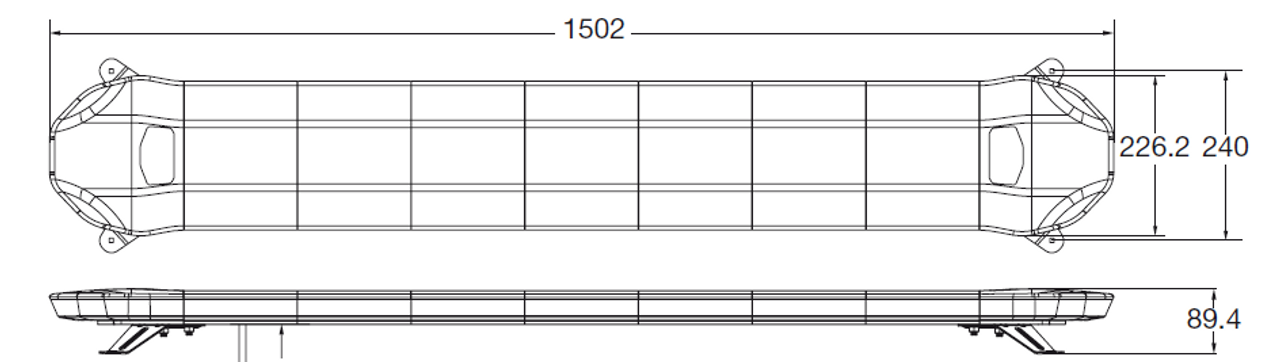 Line Drawing - Amber Low Profile LED Light Bar. 59 Inch, 111 Watt. Class 1. Dimensions - 1502 x 227 x 90mm. Ultimate LED