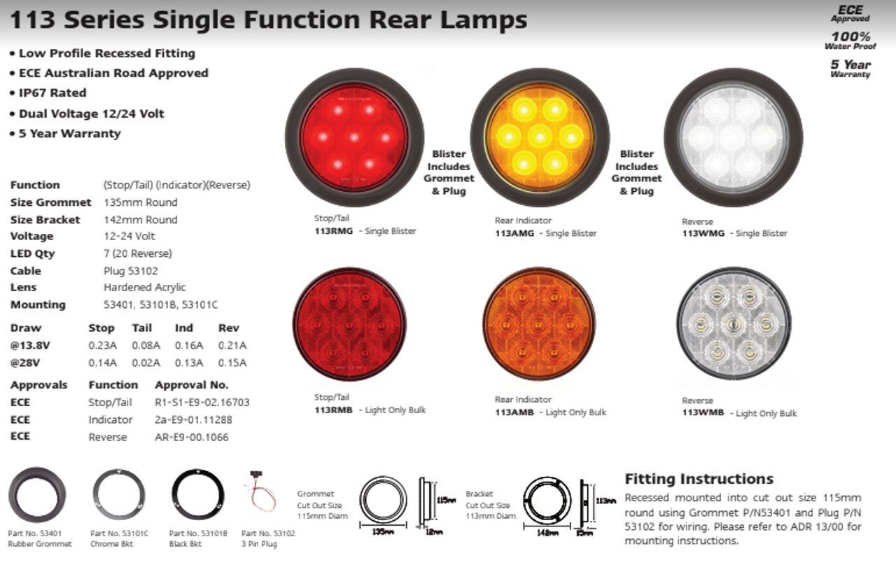 Data Sheet - 113RMG - Stop Tail Light Round. Multi-Volt 12v & 24v Blister Single Pack. LED Auto Lamps. Ultimate LED. 