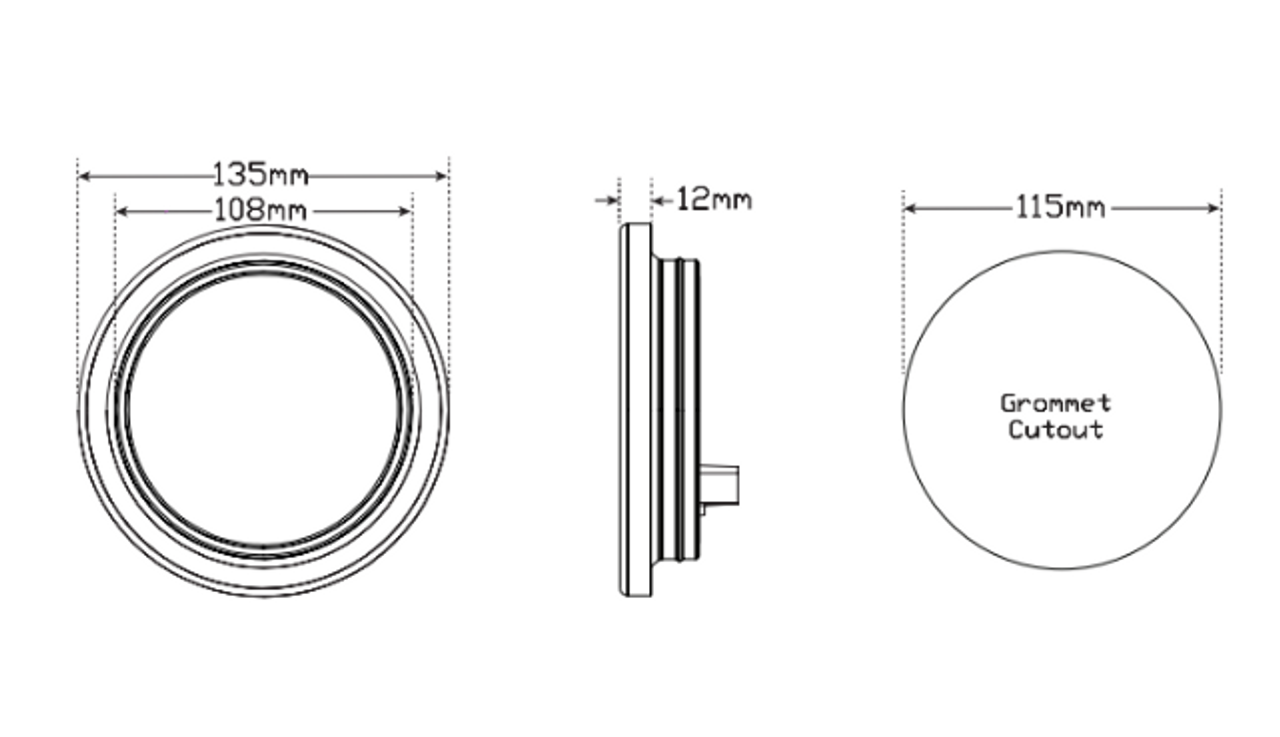 Line Drawing - 113RMG - Stop Tail Light Round. Multi-Volt 12v & 24v Blister Single Pack. LED Auto Lamps. Ultimate LED. 