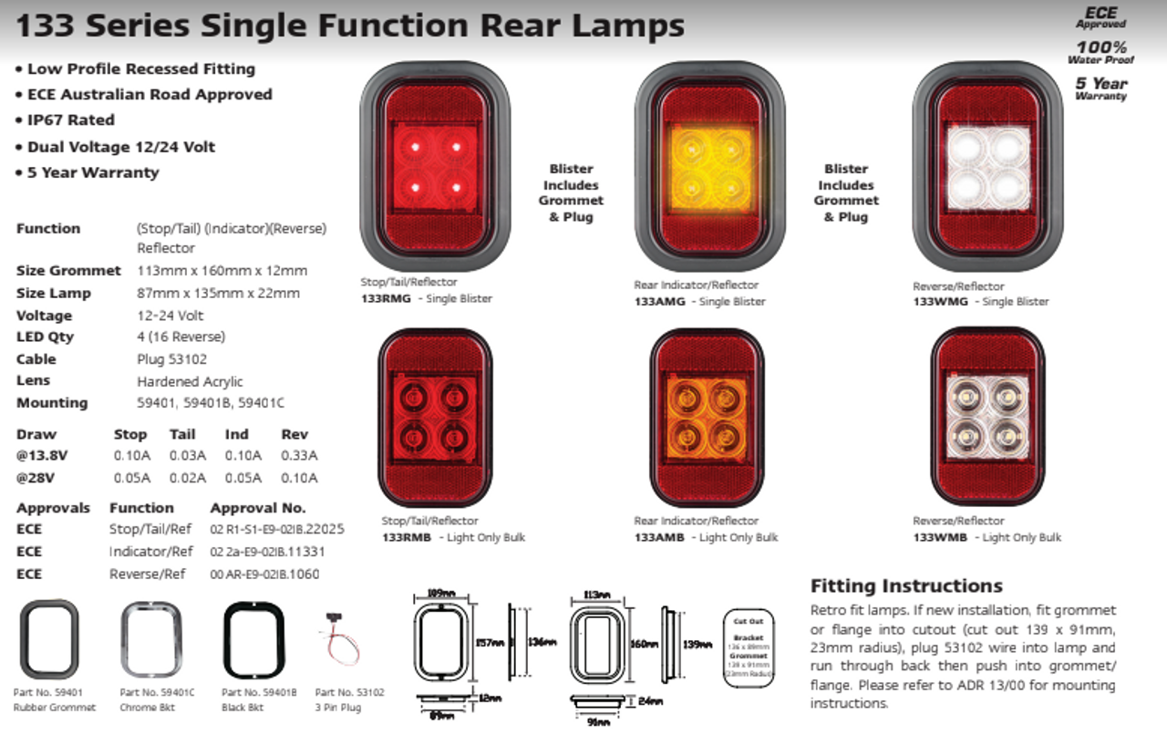 Data Sheet - 133RMG - Stop Tail Light with Reflector Rectangle. Multi-Volt 12v & 24v Blister Single Pack. LED Auto Lamps. Ultimate LED. 