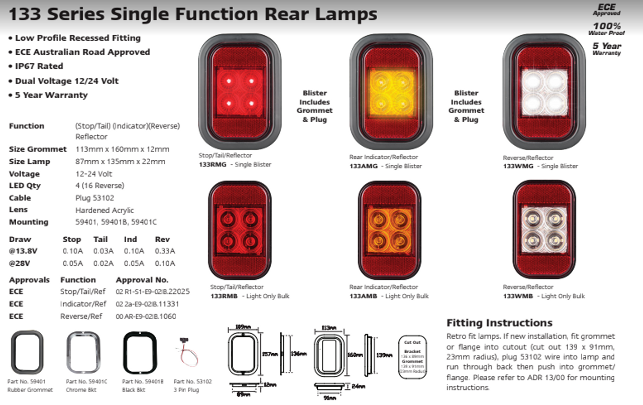 Data Sheet - 133AMG - Indicator Light with Reflector Rectangle. Multi-Volt 12v & 24v Blister Single Pack. LED Auto Lamps. Ultimate LED. 