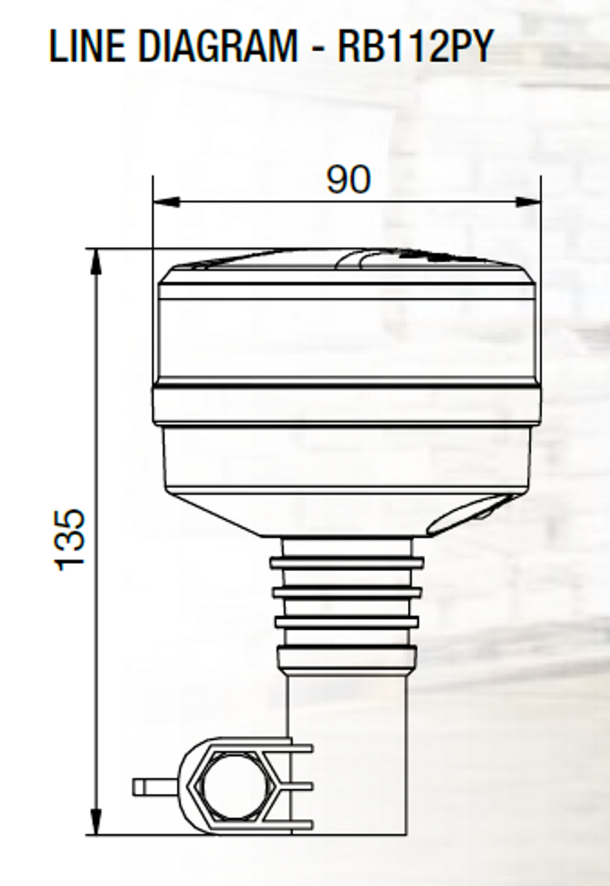 Line Drawing - RB112PY - Low Profile, Amber Safety Rotation and Strobe Beacon. Pole Mount. RB112PY. Class 1 Certified . Roadvision. Ultimate LED. 