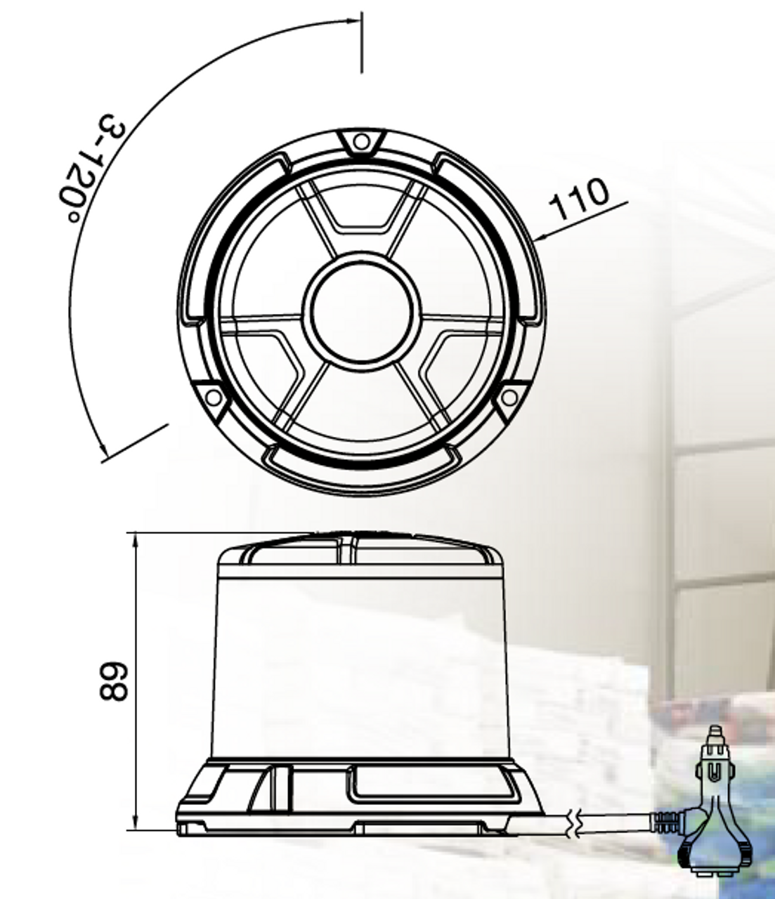 Line Drawing - RB122Y - Low Profile, Amber Safety Rotation and Strobe Beacon. Fixed Mount.  Micro II Dual Stack, 33 watts RB122Y. Class 1 Certified. RV. Ultimate LED.