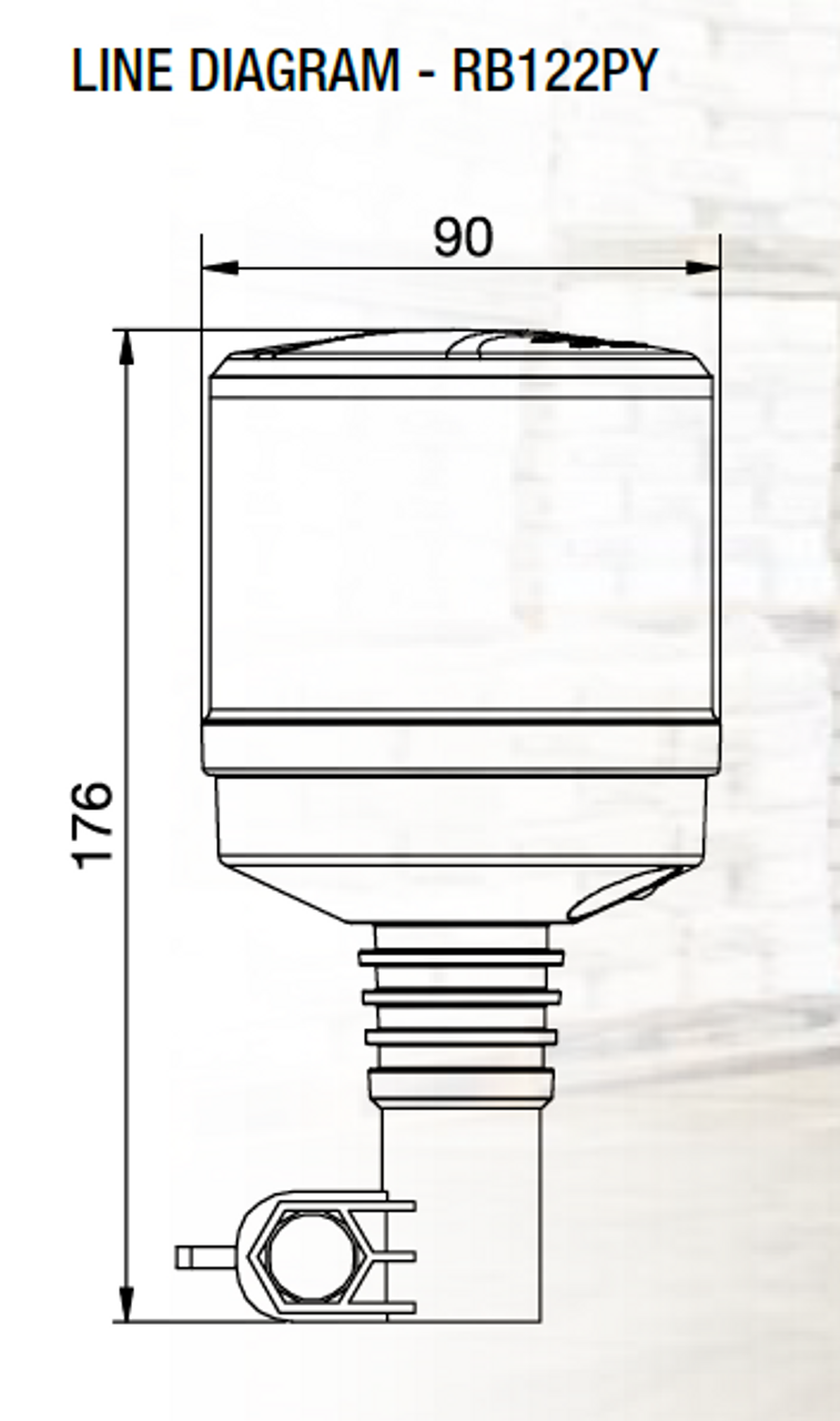 Line Drawing - RB122PY - Low Profile, Amber Safety Rotation and Strobe Beacon. Pole Mount.  Micro II Dual Stack, 33 watts RB122PY. Class 1 Certified RV. Ultimate LED.