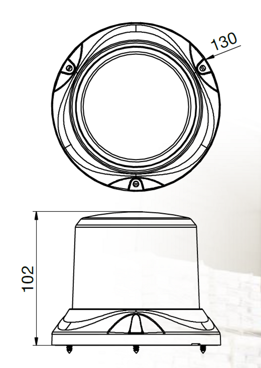 Line Drawing - RB132Y - Low Profile, Amber Safety Rotation and Strobe Beacon. Fixed Mount.  Mini Revolver, 15 watts RB132Y. Class 1 Certified. Roadvision. Ultimate LED. 