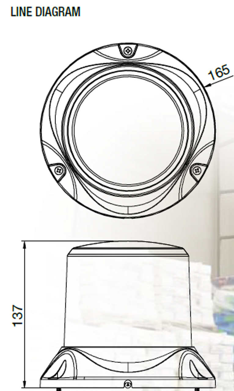 Line Drawing - RB167Y - Amber Safety Rotation and Strobe LED Beacon. Fixed Mount.  Maxi Revolver, 15 watts RB167Y. Class 1 Certified. Roadvision. Ultimate LED. 