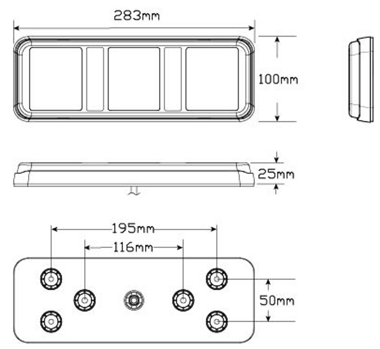 Line Drawing - 283ARWM - Stop Tail Indicator Reverse Light Multi-Volt 12v & 24 Volt DC System. Caravan Friendly. Screw or Bolt Mounting with Removable Bracket, Red, Amber & Clear Lens & Red, Amber & White LED. LED Auto Lamps. Ultimate LED. 