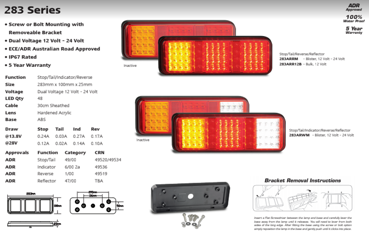 Data Sheet - 283ARRM - Stop Tail Indicator Light Multi-Volt 12v & 24 Volt DC Systems. Caravan Friendly. Screw or Bolt Mounting with Removable Bracket, Red, Amber Lens & Red, Amber LED. LED Auto Lamps. Ultimate LED. 