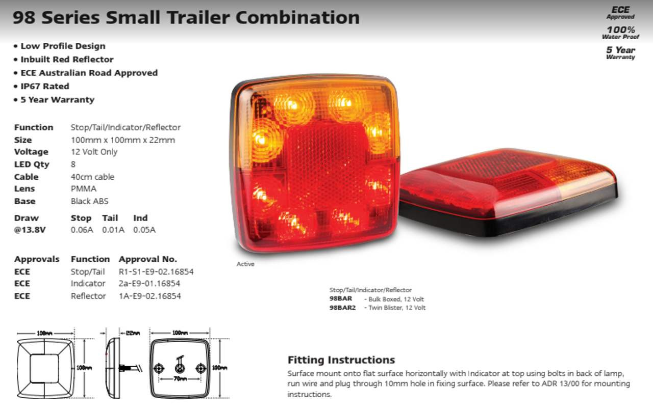 Data Sheet - 98BAR2 - Stop Tail Indicator Light with Reflector 12 Volt Red, Amber Lens & Red, Amber LED. LED Auto Lamps. Ultimate LED.