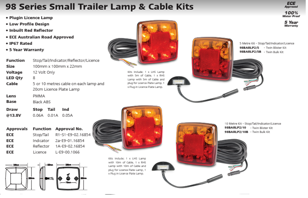 Data Sheet - 98BARLP2/10 - Stop Tail Indicator light with Reflector and Licence Plate Light, 10m cable Kit.  12v Twin pack. AL. Ultimate LED.