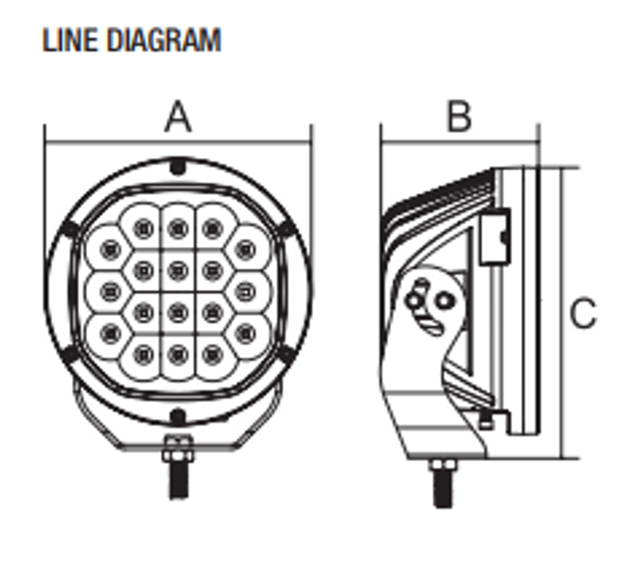 Line Drawing - Dominator EXTREME 9 inch Driving Light. Spot Beam. 150 watt, 10500 Lumens per light. 900m of light. Dimensions - A = 220 x B = 95 x C = 240mm