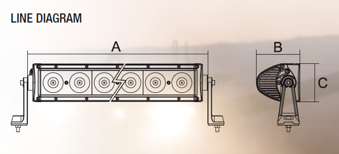 Dimensions: A = 140mm. B = 59mm. C = 52mm.
Line Drawing - RBL1050F Roadvision SR2Series 5-inch Light Bar Single Row. 9 watts. 3 x 3-watt LED’s. Flood Beam. Dual Mounting System. 7 Year Warranty. RBL1050F. Premium Driving Light Bar. RoadVision. Ultimate LED.