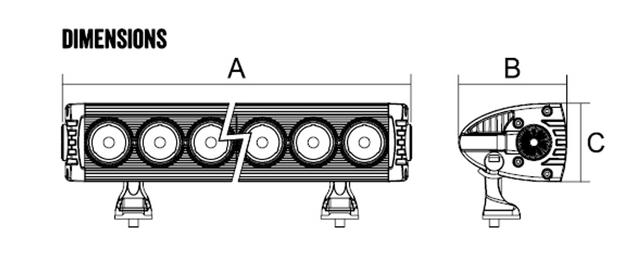 Dimensions: A = 1051mm. B = 90mm. C = 65mm 
Line Drawing - RBL240C - Rollar Series Single Row Light Bar 40 inch. 10 watt LED's 240 watt Light Bar Combination Optical Beam. RBL240C. Premium Driving Light Bar. RoadVision. Ultimate LED. 