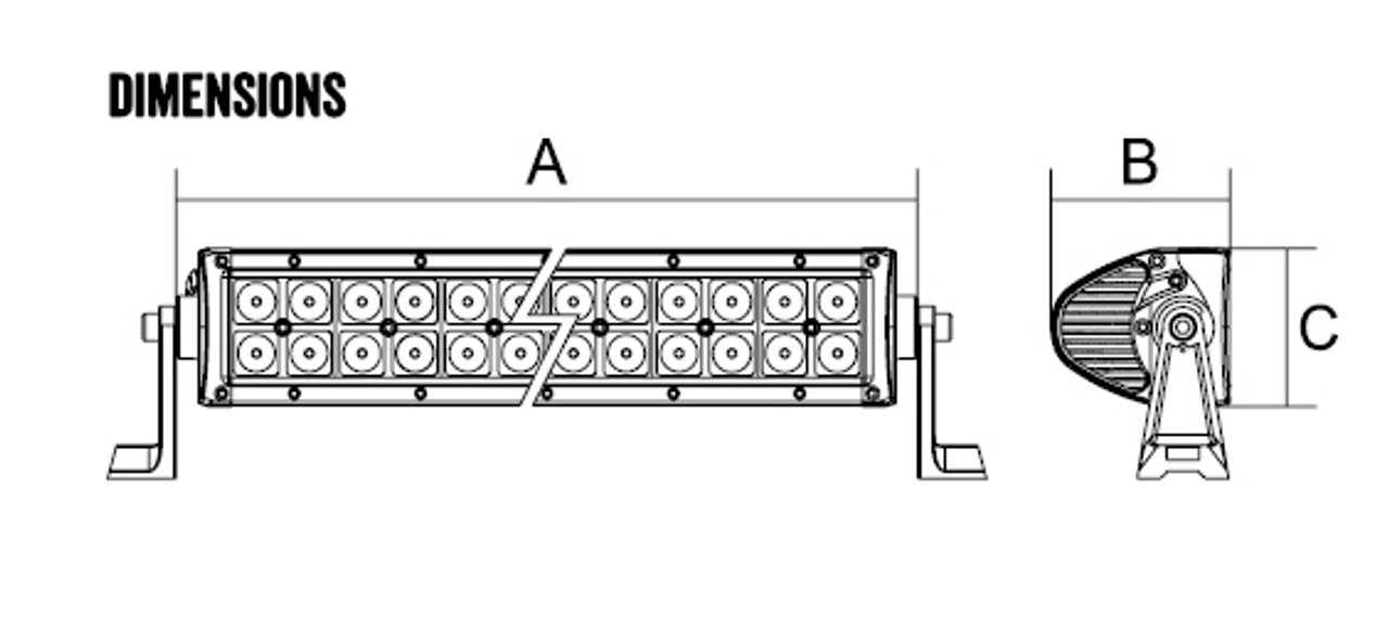 Dimensions: A = 563mm. B = 75mm. C = 79mm
Line Drawing - RBL6220C - DCX2 Series Dual Row Curved Light Bar. 22 inch 120 watt Osram Hi-Lux LED's. Combination Optical Beam. 9 Position Adjustable Mounting Options. RBL6220C. Premium Driving Light Bar. RoadVision. Ultimate LED.