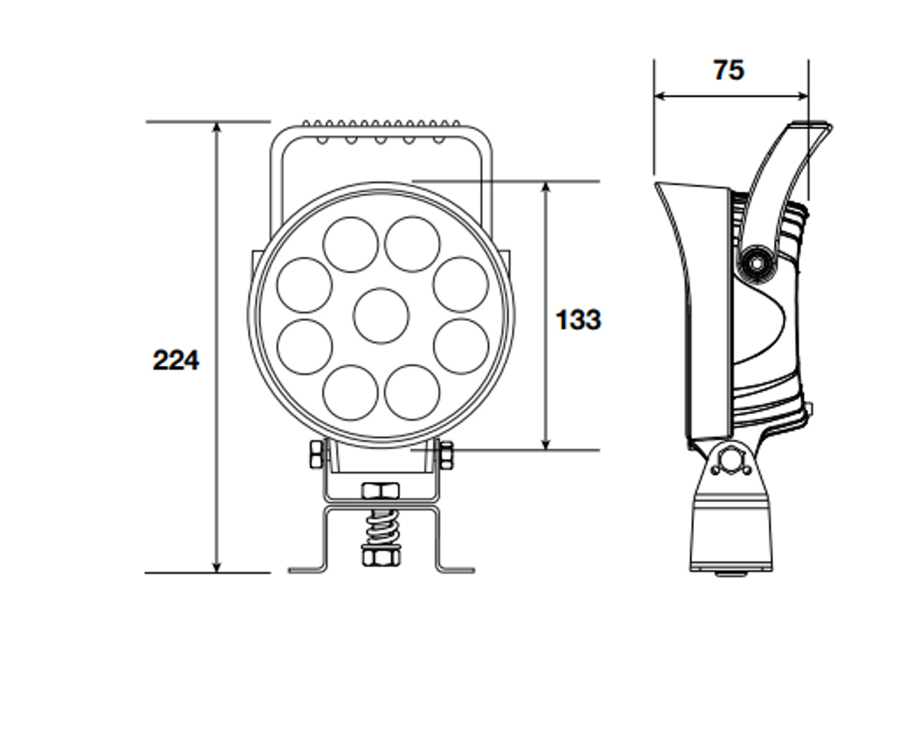 Line Drawing - IWL9327F - Flood (Spread) Beam with Handle and On/Off Switch. 27 Watt Multi-Volt 135mm Round. Ignite. CD. Ultimate LED. 