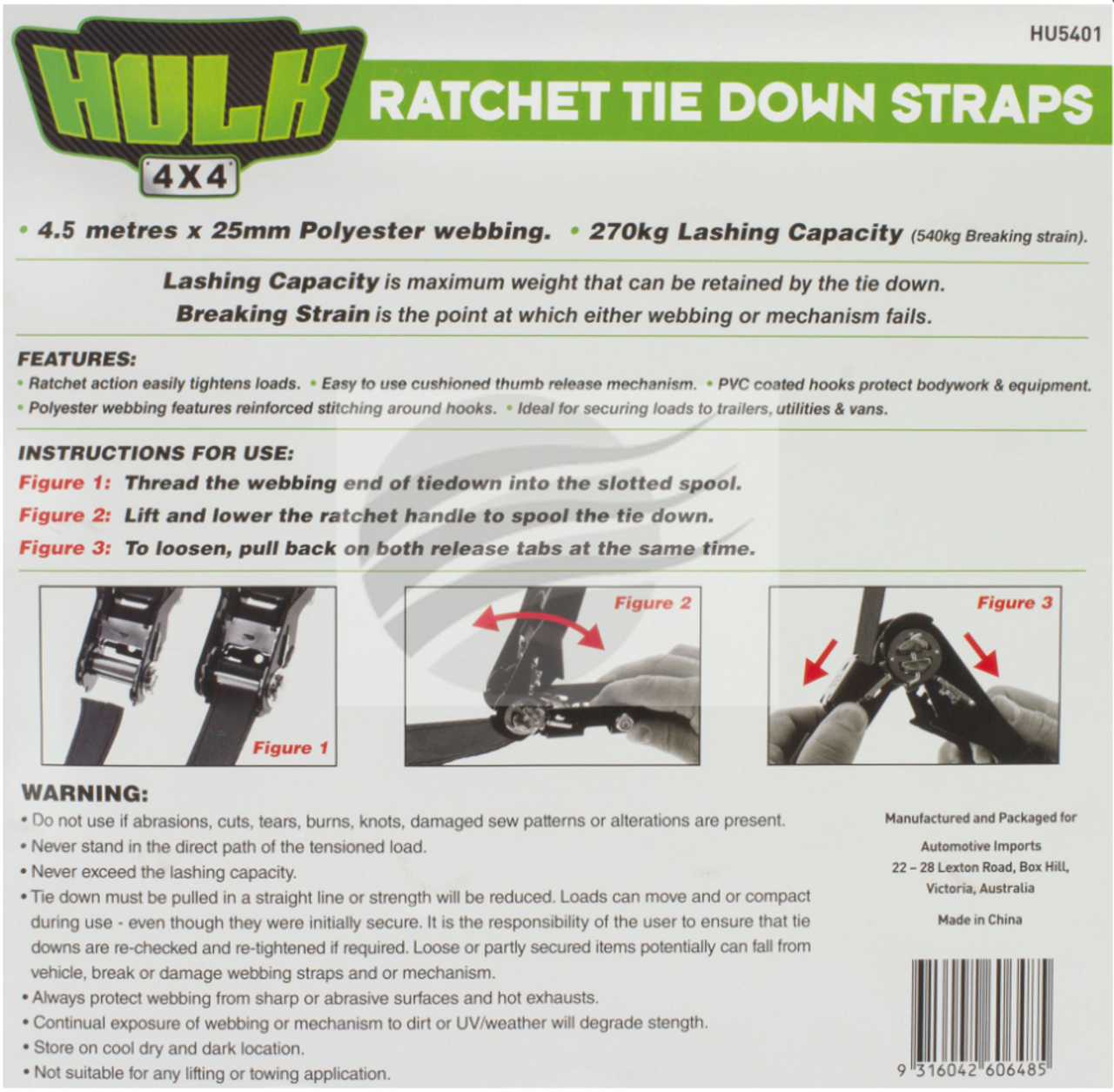 HU5401 - Ratchet Tiedown Straps 4 Pack. HULK. CD. Ultimate LED. 