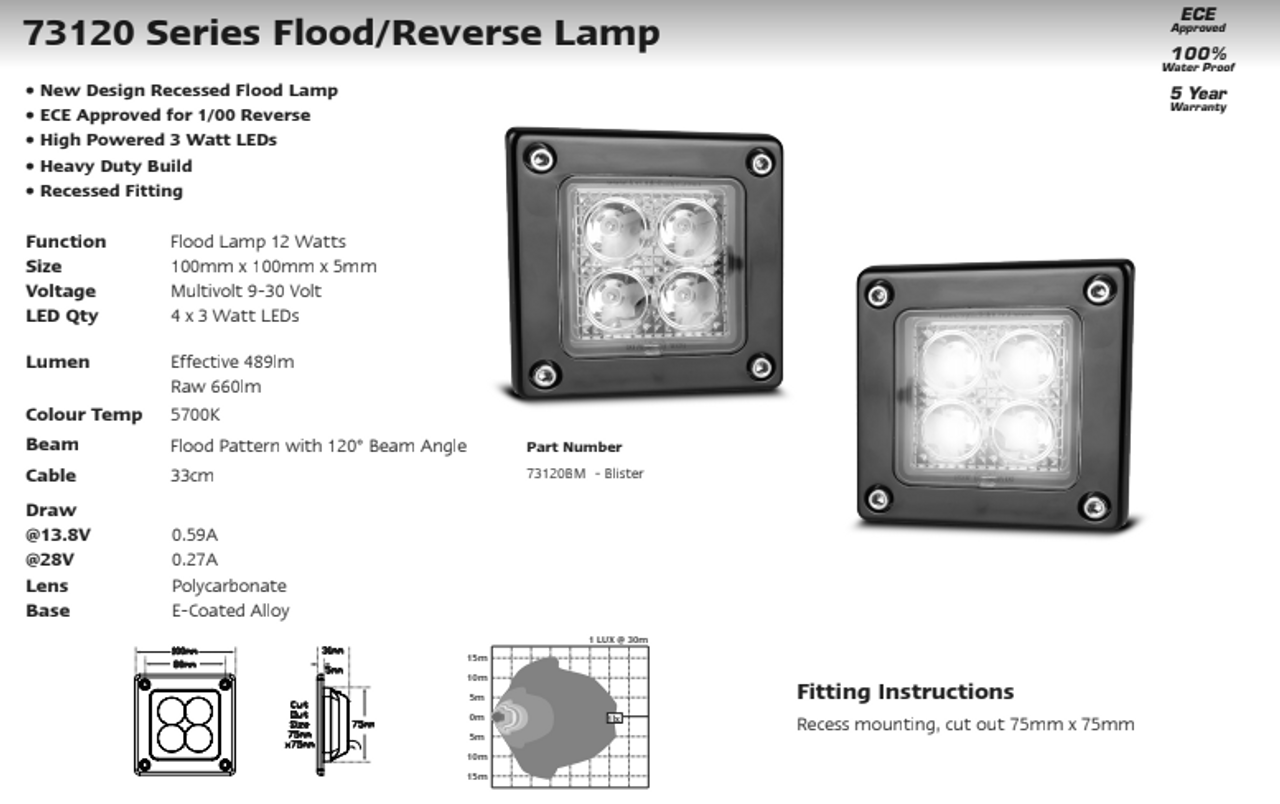 Data Sheet - 73120BM - 12 Watt Flood Lamp Black Housing Flush Mount Multi-Volt 12v & 24v Blister Single Pack. LED Auto Lamps. Ultimate LED.