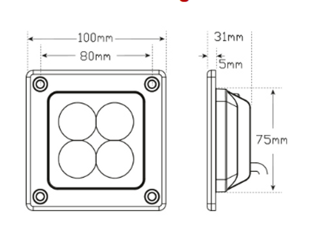 Line Drawing - 73120BM - 12 Watt Flood Lamp Black Housing Flush Mount Multi-Volt 12v & 24v Blister Single Pack. LED Auto Lamps. Ultimate LED.