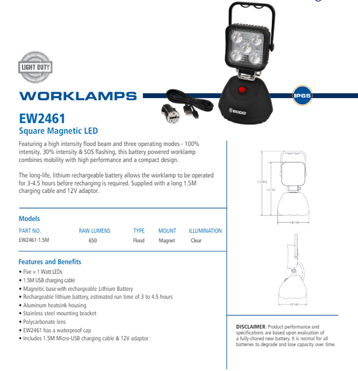 Portable Flood Light, Battery Operated, Magnetic Mount, Rechargeable, LED Work Light, 15 watt. Complete Package. Black Colour Housing. White LED's. EW2461