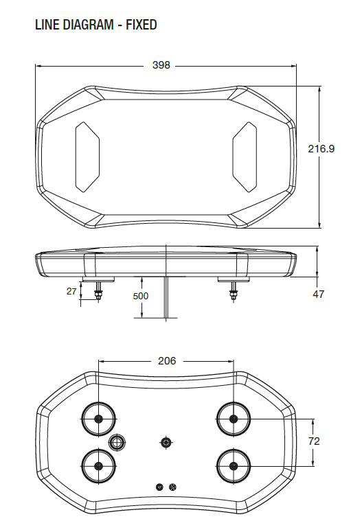 Line Drawing - RLB402Y - Low Profile Mini Bar LED Multi-volt 10 Flash Patterns Single Pack. RV Ultimate LED.