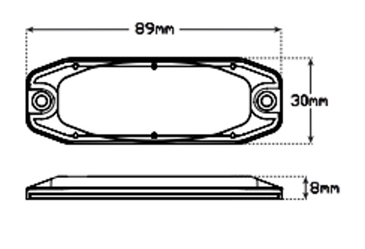 Line Drawing - Emergency LED Strobe Module Lamp Amber, Yellow. 11 Strobe Patterns Multi-Volt 12v & 24 Volt 3M Tape or Screw On Fitting. Single Pack Clear Housing Clear Lens & Amber LED's Super Slim Line Light Go Stealth. Autolamps. Ultimate LED. 