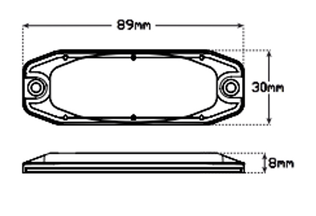 Line Drawing - 120033RM - LED Strobe Module Lamp Red. 11 Strobe Patterns Multi-Volt 12v & 24 Volt 3M Tape or Screw On Fitting. Single Pack Clear Housing Clear Lens & Red LED's Super Slim Line Light Go Stealth. Autolamps. Ultimate LED. 