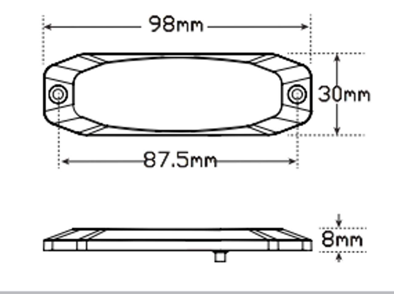 Line Drawing - 120034BM - Emergency LED Strobe Module Lamp Blue. 11 Strobe Patterns Multi-Volt 12v & 24 Volt 3M Tape or Screw On Fitting. Single Pack Clear Housing Clear Lens & Blue LED's Super Slim Line Light Go Stealth. Autolamps. Ultimate LED. 