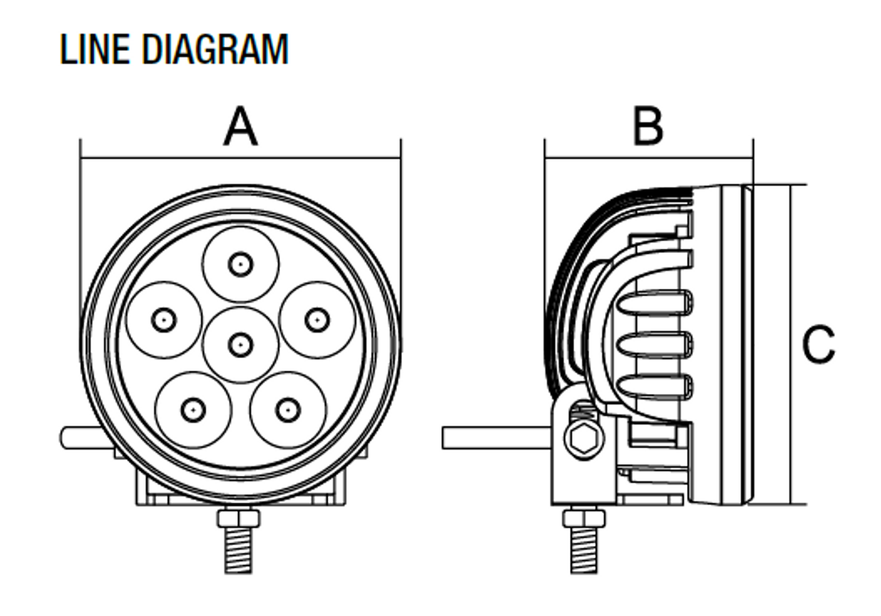 Line Drawing - RWL9518F - 90 mm Round LED Flood Work Light. 18 Watt. Multi-Volt 10 to 30 Volt DC. 5 Year Warranty. RoadVision. RWL9518F.